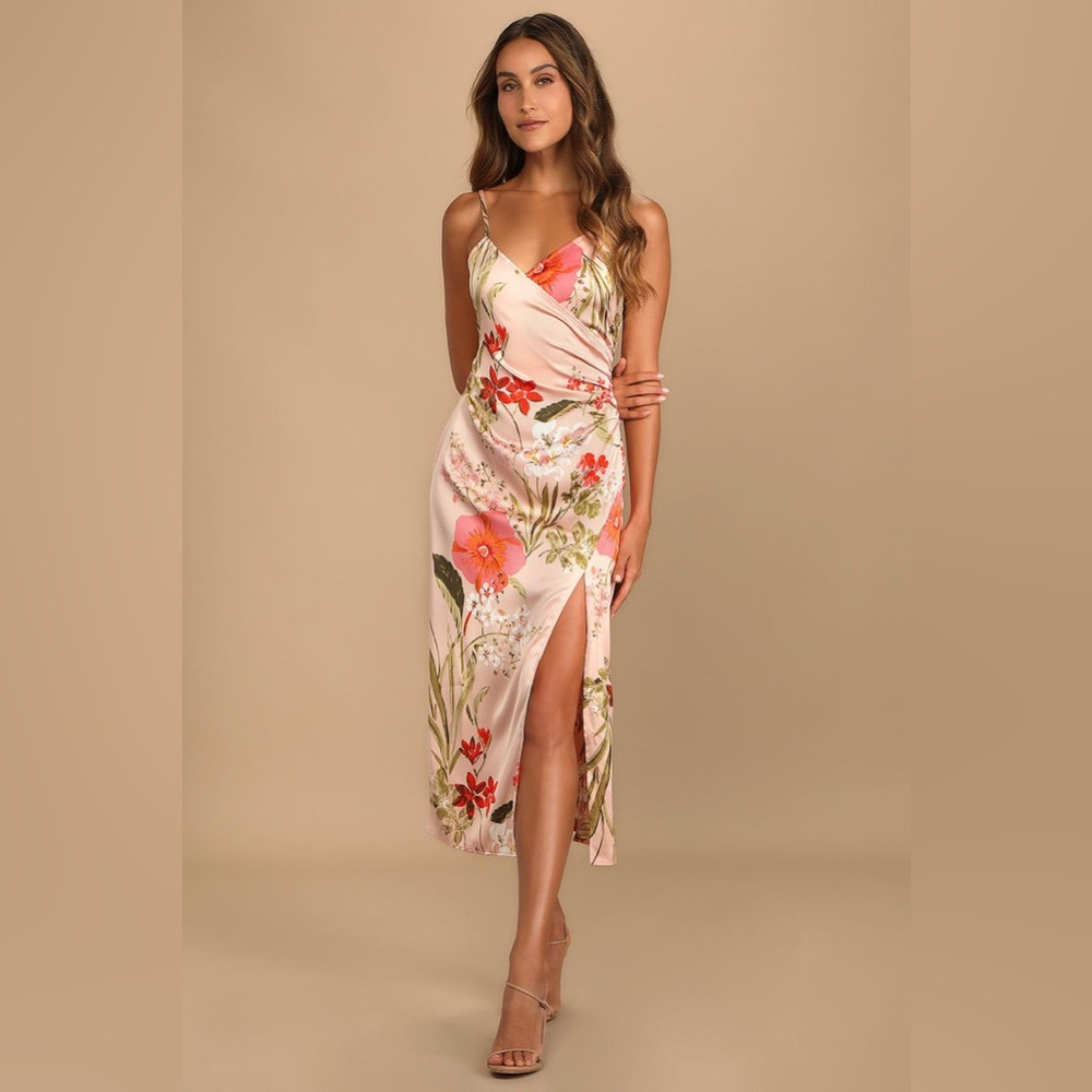 Lulu's Pink Floral Wrap Midi Dress